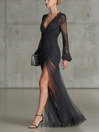 Sofia | Dark Gray Lace Ruched Maxi Dress