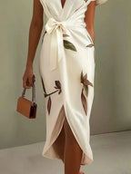 Judy | White Leaf Short Sleeve Satin Midi Dress