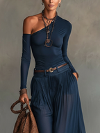 Lore | Navy One-shoulder Top And Skirt Two-piece Set (+ Free Belt)